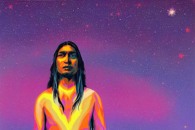 Image similar to digital art of a spiritual native american man looking up at the stars, acrylic art, universe, painting, pastel colors, synthwave, retro, cyberpunk,