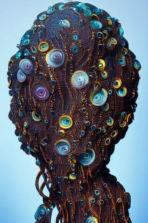 Prompt: machine cover art arms!!!! lips!!! lisa ann unwrapped statue bust curls of hair petite lush front side view body unfolds photography model full body curly jellyfish lips wire art contrast vibrant futuristic fabric skin jellyfish material metal veins in the style of jonathan zawada, thisset colours simple background objective, realistic body structure
