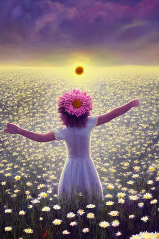 Image similar to giant white daisy flower as head, girl dancing in a flower field, surreal photography, sunrise, dramatic light, impressionist painting, colorful clouds, digital painting, artstation, simon stalenhag