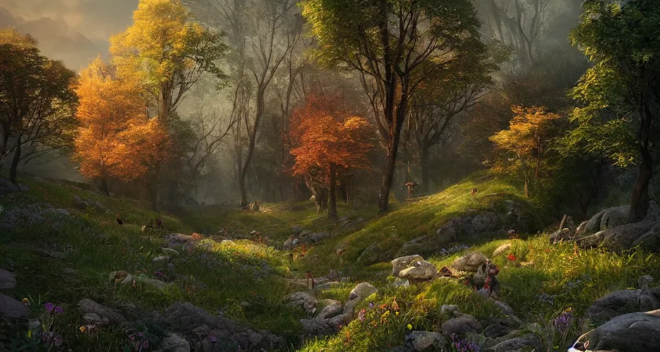 Image similar to Beautifule uplifting glade bg. J.R.R. Tolkien's Middle-Earth. Trending on Artstation. Digital illustration. Artwork by Darek Zabrocki and Sylvain Sarrailh. Concept art, Concept Design, Illustration, Marketing Illustration, 3ds Max, Blender, Keyshot, Unreal Engine, ZBrush, 3DCoat, World Machine, SpeedTree, 3D Modelling, Digital Painting, Matte Painting, Character Design, Environment Design, Game Design, After Effects, Maya, Photoshop.