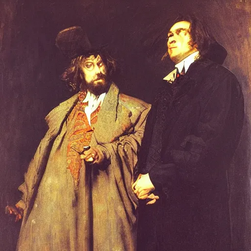 Prompt: portrait of faust and mephistopheles, jan matejko, ilya repin, oil on canvas, 1 8 9 0