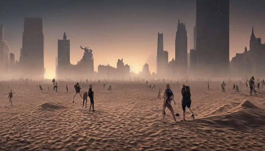 Image similar to new york city under tons of sand, heavy wave, people walking in the desert, hyperdetailed, artstation, cgsociety, 8 k