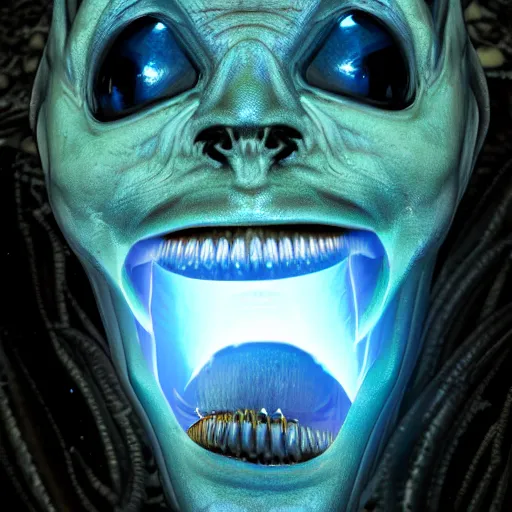 Image similar to an alien. angled jaw, snarling, omniverous layered teeth, smooth bioluminescent skin, hunter gatherer holding a opal tipped spear, mid length portrait photograph, highly detailed, high contrast lighting