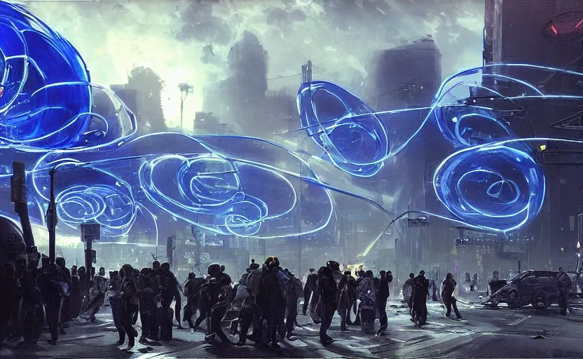 Image similar to people with posters attacking cops, a huge blue spiral - shaped white luminous attractor is floating on the horizon near the sun, stores in los angeles with light screens all over the street, concept art, art for the game, professional lighting, dark night lighting from streetlights, by ilya repin