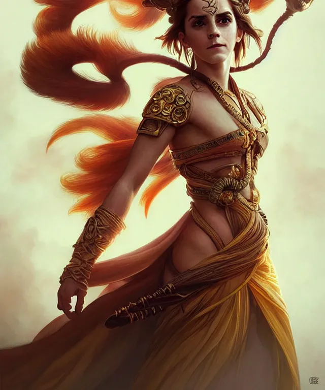 Image similar to Emma Watson as a monkey king, sci-fi, amber eyes, face, long hair, fantasy, intricate, elegant, highly detailed, digital painting, artstation, concept art, smooth, sharp focus, illustration, art by artgerm and greg rutkowski and alphonse mucha