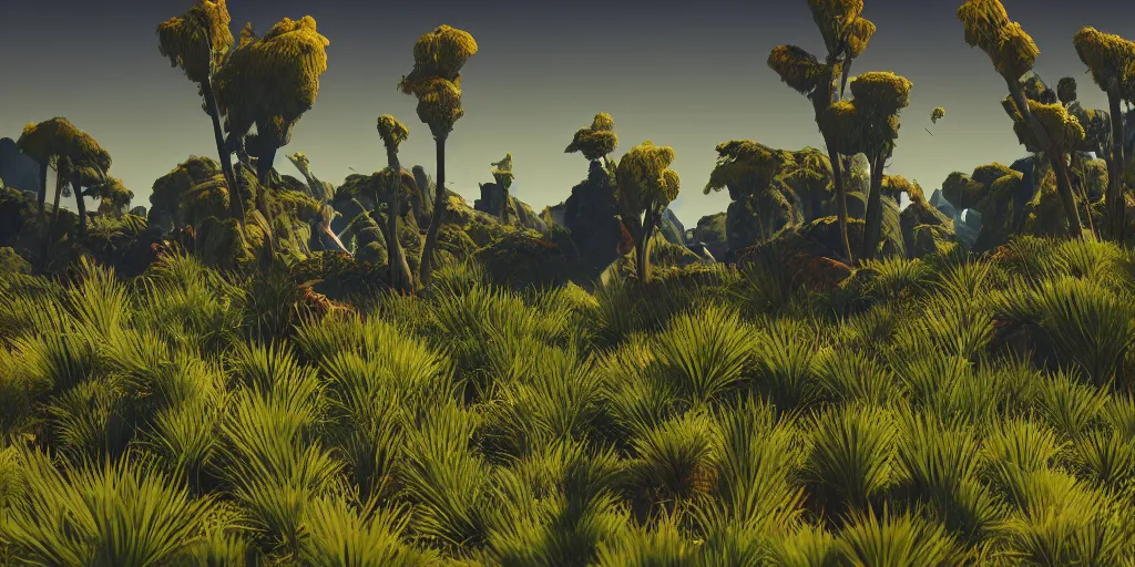 Image similar to abstract 3d landscape painting with vegetation by zaha hadid in no mans sky style, redshift, octane