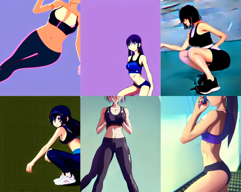 Prompt: beautiful anime girl squatting, view from above, sport bra and dark blue shorts, slim legs, looking at the viewer, squatting at the ground, drinking water, sweatingm simple white background, artstation, fine details, athletic body proportions, kyoani, high resolution, 4k, digital painting by WLOP, octane render, photorealistic, composition, ultra realistic