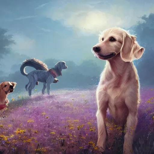 Image similar to blond chiweenie and blond goldendoodle, field of flowers, oil painting, Tooth Wu, Greg Rutkowski, RPG portrait, dynamic lighting, fantasy art, High contrast, depth of field