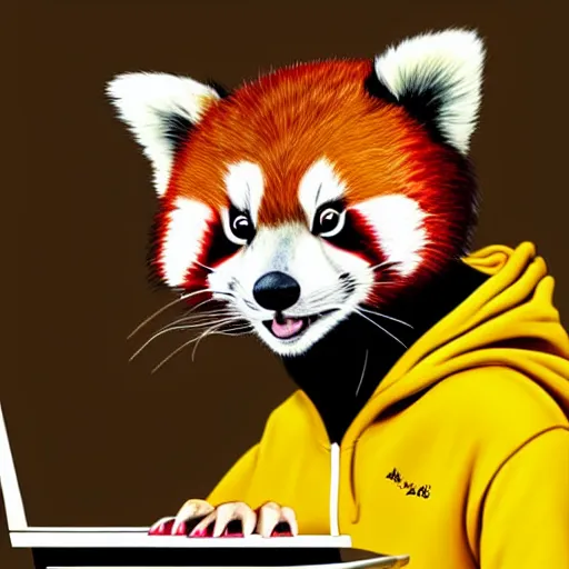 Prompt: beautiful portrait commission of a female furry anthro red panda wearing a yellow hoodie while typing on a laptop, trending on artstation