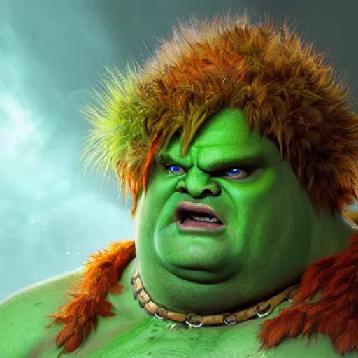 Prompt: chris farley with green skin and orange body hair as blanka from street fighter, squatting and screaming, ultra realistic, concept art, intricate details, eerie, highly detailed, photorealistic, octane render, 8 k, unreal engine. art by artgerm and greg rutkowski and magali villeneuve and alphonse mucha