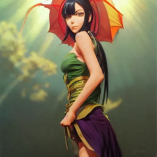 Image similar to highly detailed vfx portrait of nico robin by eiichiro oda!!!, stephen bliss, greg rutkowski, loish, rhads, beeple, makoto shinkai, tom bagshaw, alphonse mucha, sharp focus, art by artgerm and greg rutkowski, stanley kubrick, backlit, harsh overhead sunlight, detailed blue eyes!!,