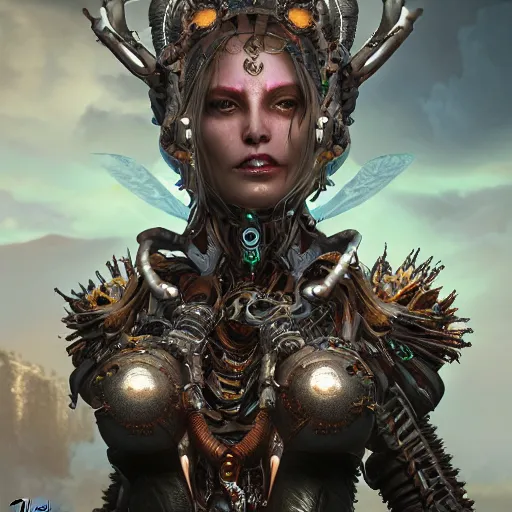 Image similar to evil cyborg druid android queen, ultra realistic, concept art, intricate details, serious, highly detailed, photorealistic, octane render, 8 k, unreal engine, art by todd mcfarlane and artgerm and greg rutkowski and alphonse mucha