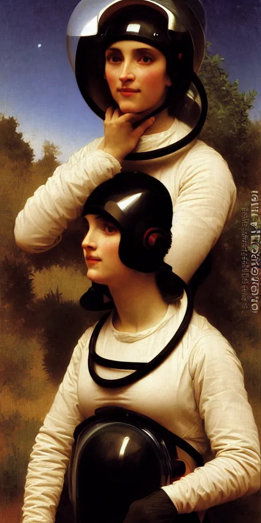 Image similar to portrait of a woman in astronaut helmet an ancient human specie, by bouguereau