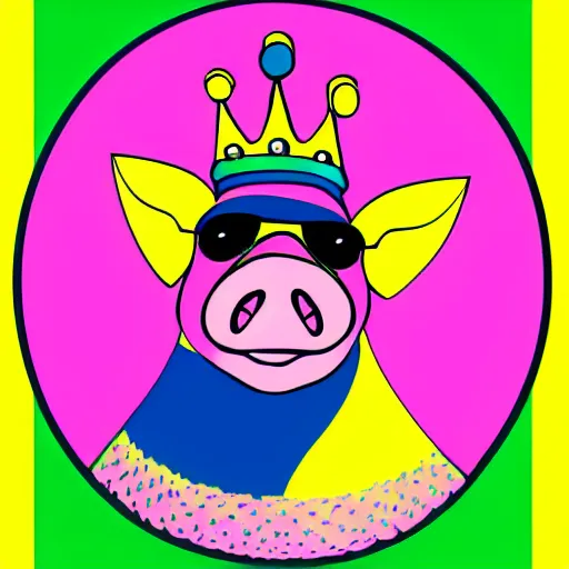 Prompt: illustration pig wearing a simple gold crown in the style of peter max