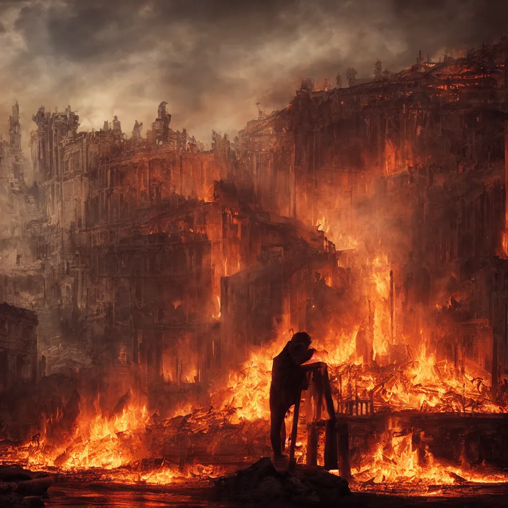 Image similar to painting of emperor nero watching the the great fire of rome, abstract, realism, 8 k, detailed, terror, octane render, 3 d render, complex emotion, glow, orange, beautiful, cinematic