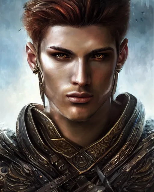 Image similar to a beautiful male warrior, 8 k, hyperrealistic, hyperdetailed, fantasy portrait by laura sava