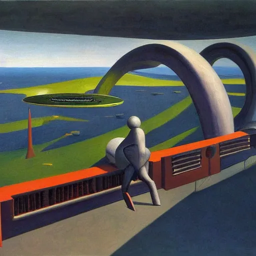 Prompt: robot overlords, spaceship bridge interior, view of earth, blue and gray, pj crook, edward hopper, oil on canvas