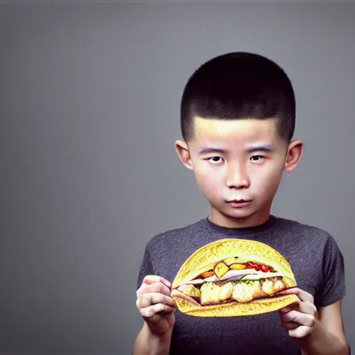 Image similar to dramatic portrait of chinese boy buzz cut, holding a taco, digital painting