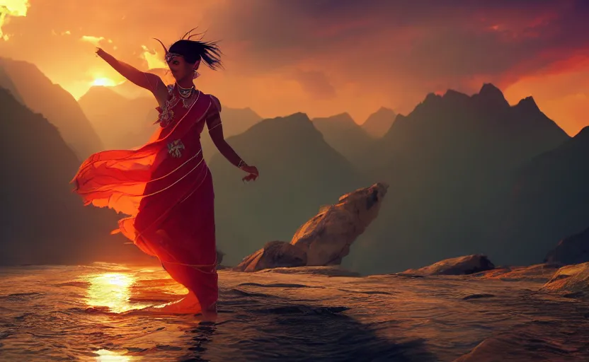 Prompt: Himalayan woman dancing on water, tropical sci fi fashion, sunset, dramatic angle, dynamic pose, 8k hdr pixiv dslr photo by Makoto Shinkai ilya kuvshinov and Wojtek Fus