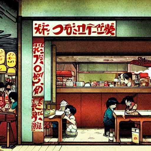 Image similar to a singaporean kopitiam, by satoshi kon