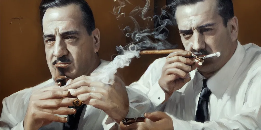 Image similar to beautiful oil matte portrait painting, mafia boss smoking a cigar at his 5 0 s new york office desk, wonderful masterpiece highly detailed, beautiful cinematic light deep focus, elegant, digital painting, smooth, sharp focus, golden ratio, dramatic illumination, ultra realistic, 8 k, art by jimmy law