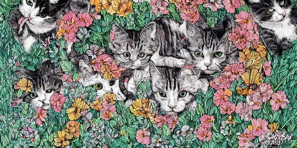 Image similar to detailed intricate ink illustration, a group of cat playing in a garden of flowers, a mix media painting by Sandra Chevrier