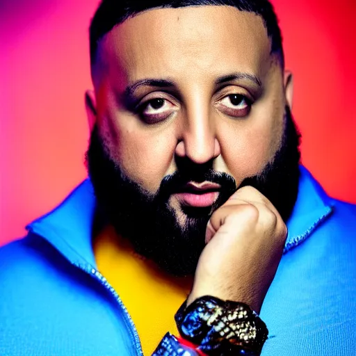 Prompt: ultra detailed portrait photo of dj khaled in a studio, blue, under red and yellow cinematic lighting, by van gogh