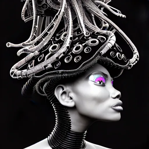 Image similar to portrait of an absurdly beautiful, graceful, sophisticated, fashionable black cyberpunk mechanoid gravure idol, hyperdetailed illustration by irakli nadar, maria borges, matt wisniewski style, intricate linework, dark black skin, neon jellyfish headdress, ivory carved ruff, unreal engine 5 highly rendered, global illumination, radiant light, detailed and intricate environment