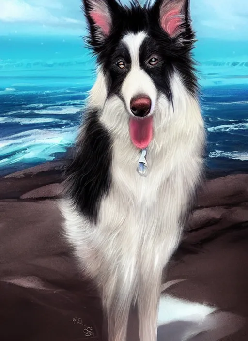 Prompt: beautiful portrait of a cute male anthropomorphic border collie fursona wearing a swimsuit in antarctica. character design by charlie bowater, henry asencio, and ross tran. scenic background, detailed, glamor pose, aesthetic, trending on artstation, top rated on furaffinity and deviantart