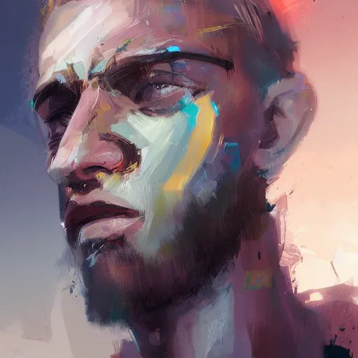 Image similar to blurry painted male face, by Ismail Inceoglu, blonde hair, detailed, blurred, muted colors, detailed, illustration, portrait, character, brushstrokes, disco elysium, 4K