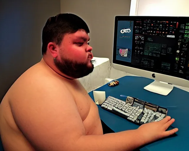 Image similar to gorgeous view of an ugly fat computer gamer with pimples and diseases all over its skin.