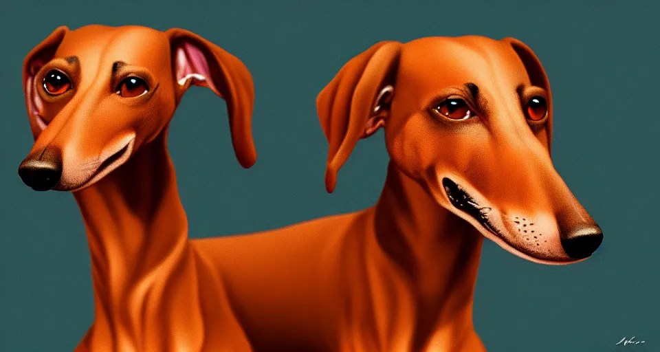 Image similar to a digital painting of a greyhound - sausage dog hybrid, isolated, hyperealism, award winning, stunning, trending on art - sation, highly detailed, cinematic lighting, 8 k, hd