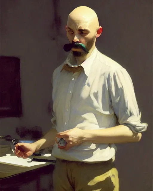 Image similar to a bald nonbinary moustachioed it specialist at work. fantasy art by greg rutkowski, gustave courbet, rosa bonheur, edward hopper. faithfully depicted facial expression, perfect anatomy, sharp focus, global illumination, radiant light, detailed and intricate environment, trending on artstation