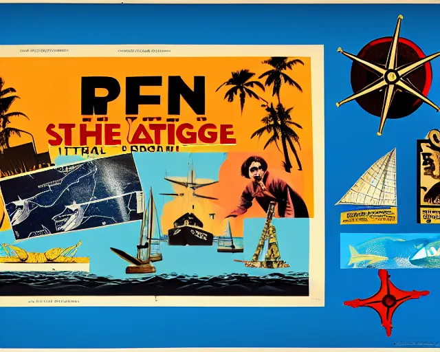 Prompt: footage of a theater stage, 1976 poster, cut out collage, film noir, break of dawn on Neptun, epic theater, tropical fish, nautical maps, NY style grafitti, in style of Monty Python, composition by Prince, written by Ernst Jandl, lens flare