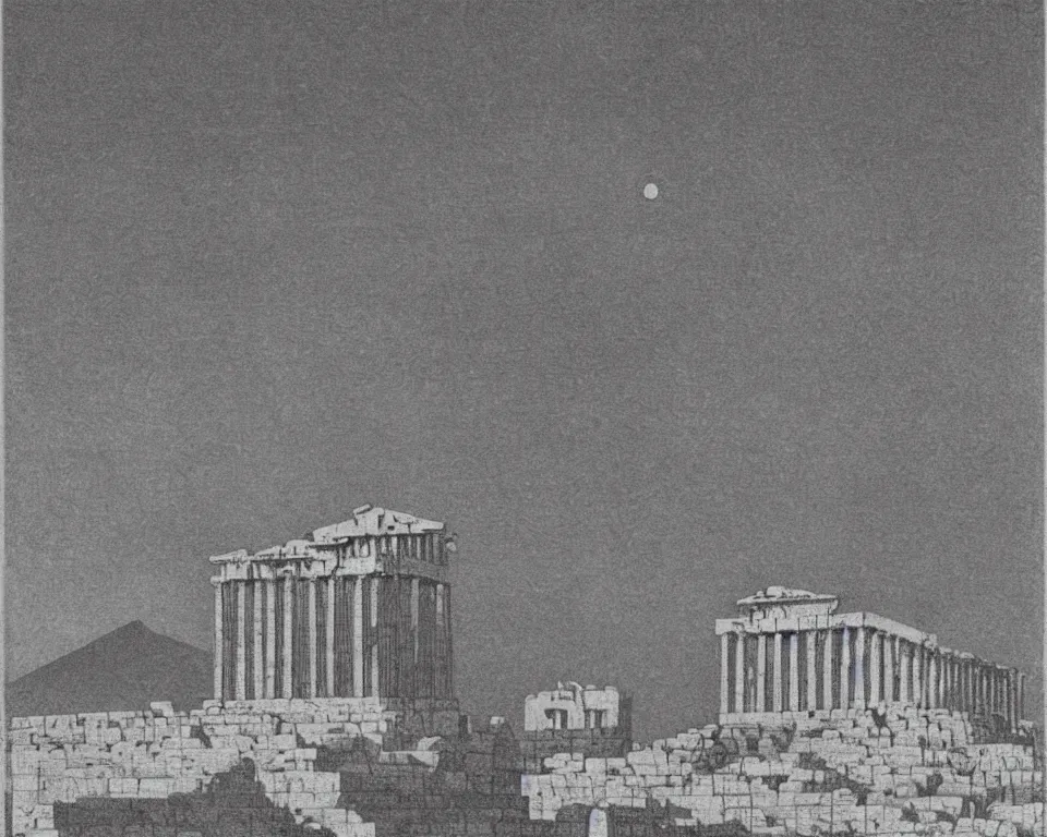 Image similar to achingly beautiful print of the Acropolis in Athens bathed in moonlight by Hasui Kawase and Lyonel Feininger.