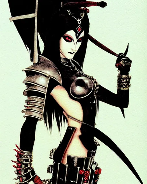 Image similar to portrait of a skinny punk goth kabuki wearing armor by simon bisley, john blance, frank frazetta, fantasy, thief warrior