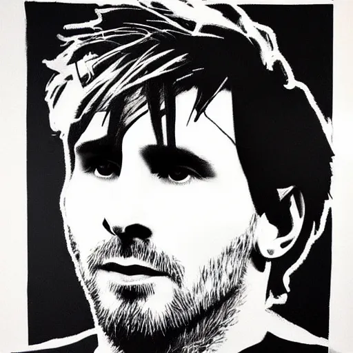 Image similar to a portrait of Lionel Messi, made by Andy Warhol, two tone, very high contrast, only black and white, simplistic, extremely high contrast, two tone, notan art, by Andy Warhol, minimalistic,