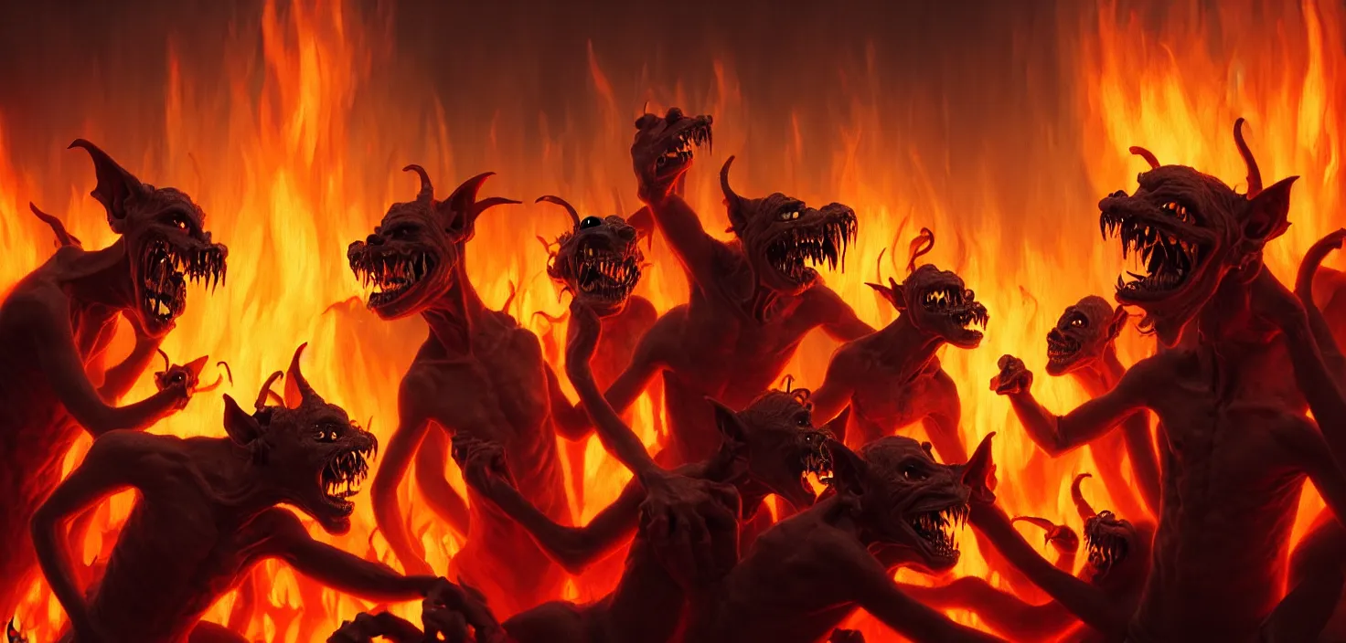 Prompt: oil matte painting, closeup portrait of ugly creepy goblins dancing around a bonfire in hell at ba rave cheering dancing beautiful cinematic light deep focus, elegant, digital painting, smooth, sharp focus, golden ratio, dramatic illumination, ultra realistic, 8 k, art by greg rutkowski wlop rossdraws