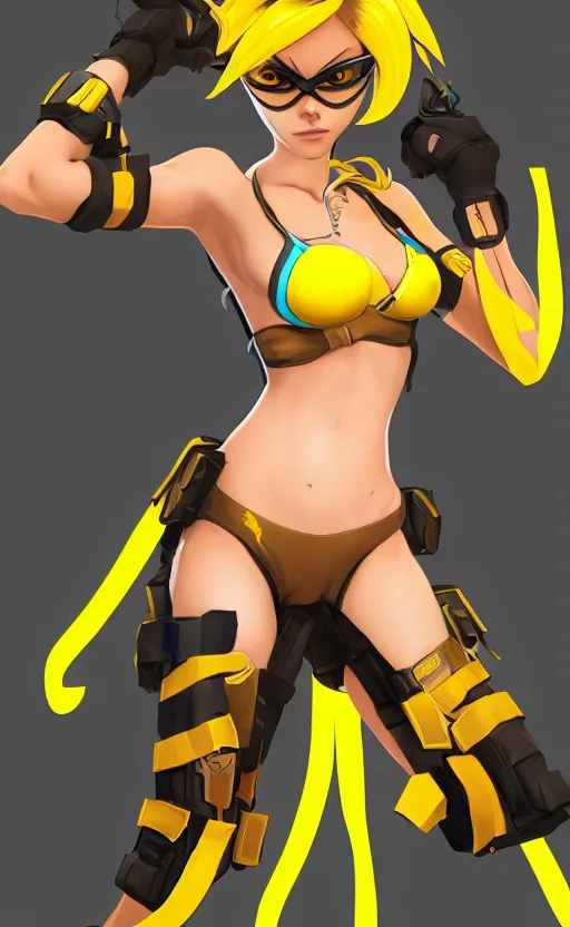 KREA - tracer game character, in yellow bikini, blonde hair, black