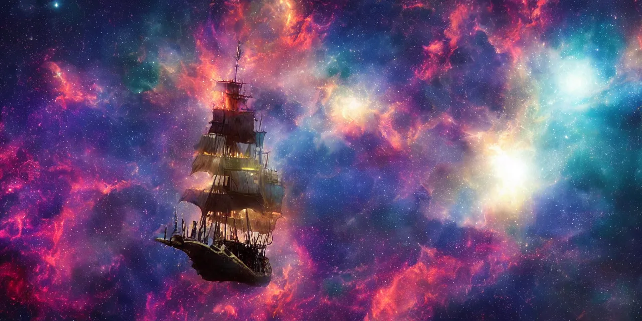 Prompt: pirate ship sailing on a nebula in space