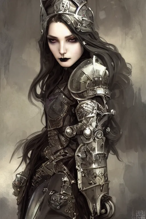 Image similar to beautiful and gothic and evil and luxury and dieselpunk young medieval female knight portrait +smoky eyes+front face with light flowing hair, ultradetail face, art and illustration by tian zi and craig mullins and WLOP and alphonse mucha, fantasy, intricate complexity, human structure, human anatomy, fantasy character concept, watermark, blurry, hyperrealism 8k