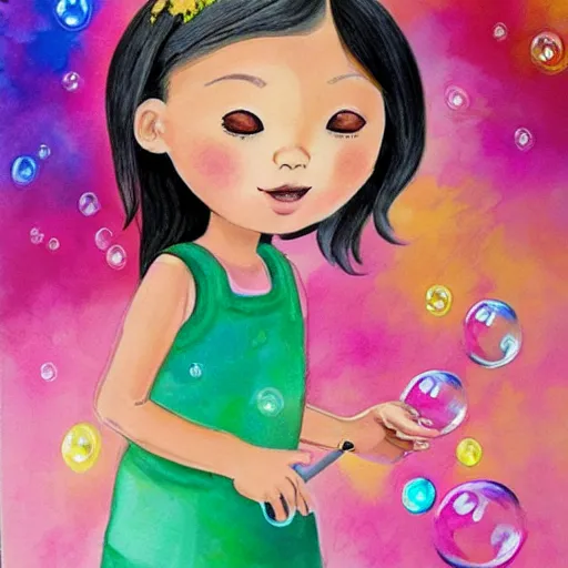 Image similar to a little girl in a beautiful garden blowing bubbles. beautiful cartoon painting art, high quality, detailed face, on a birthday card