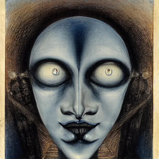 Image similar to Close-up of the cenobite woman, pencil drawing. El Greco, Remedios Varo, Salvador Dali, Carl Gustav Carus, John Atkinson Grimshaw. Blue tint. Symetrical, logo, geometric shapes.