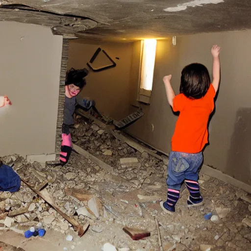 Image similar to crazy children destroying a basement, photograph, high quality