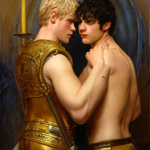 Image similar to attractive male, arthur pendragon who has blond hair confesses his love to attractive male, merlin who has dark hair. highly detailed painting by gaston bussiere, craig mullins, j. c. leyendecker 8 k