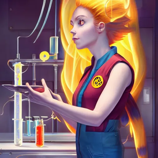 Image similar to British Pokemon original character with wild peach colored hair and heterochromia, Pixar style, beautiful woman, scientist, standing in a lab in front of a giant containment liquid filled tank, by Tristan Eaton Stanley Artgerm and Tom Bagshaw, Makoto Shinkai ilya kuvshinov and Wojtek Fus