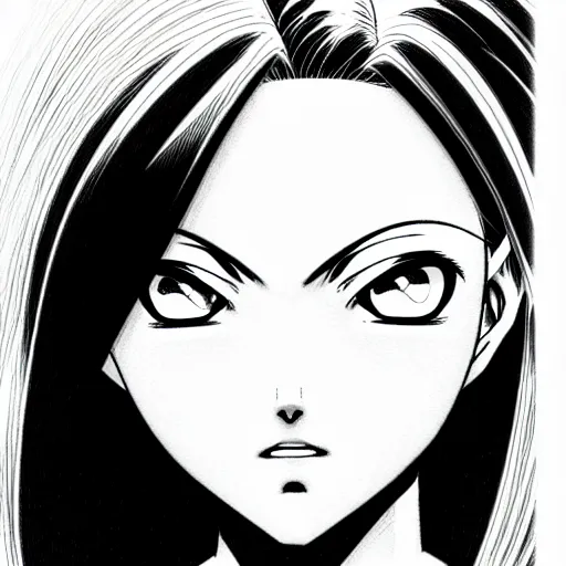 Image similar to alita by yukito kishiro. medium shot. black and white manga. pencil drawing. high detailed face