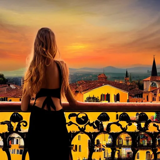 Prompt: gorgeous woman in a black backless dress stands on a Venice hotel balcony looking out in the distance, long wavy blonde hair Italian countryside, sunset, digital painting