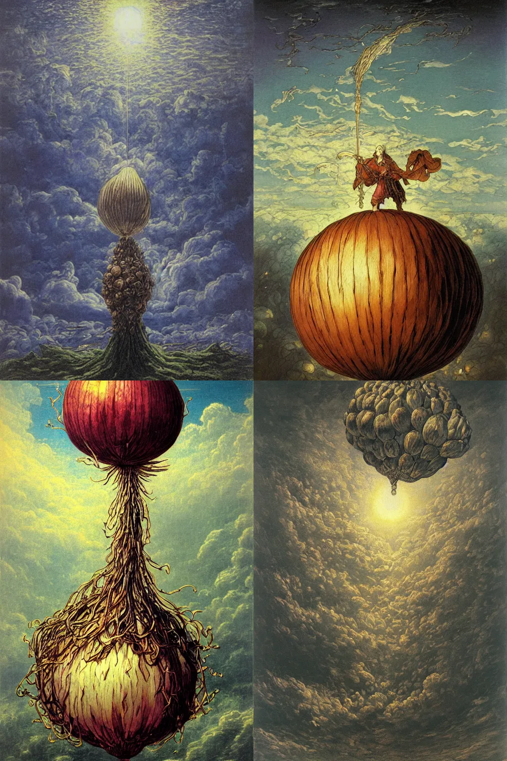 Prompt: giant onion reaches pierces the clouds and reaches the heavens by Yoshitaka Amano, oil painting on canvas, style of Gustave Dore