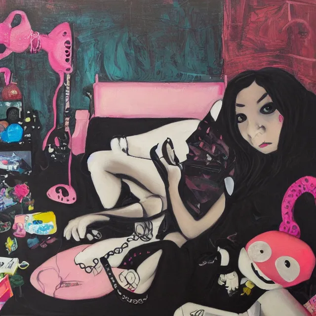 Image similar to a portrait in a female artist's zen bedroom, black walls, emo girl with plushies, sheet music, berries, surgical supplies, pancakes, black flowers, sensual, octopus, neo - expressionism, surrealism, acrylic and spray paint and oilstick on canvas